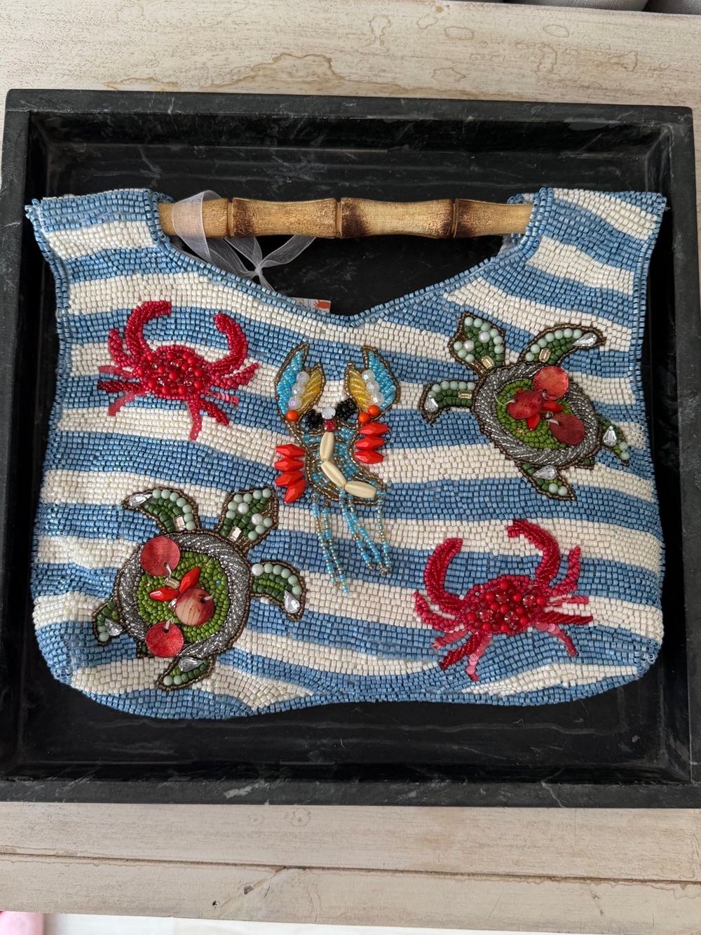 Beaded Blue & White Striped Tote with Marine Embellishments